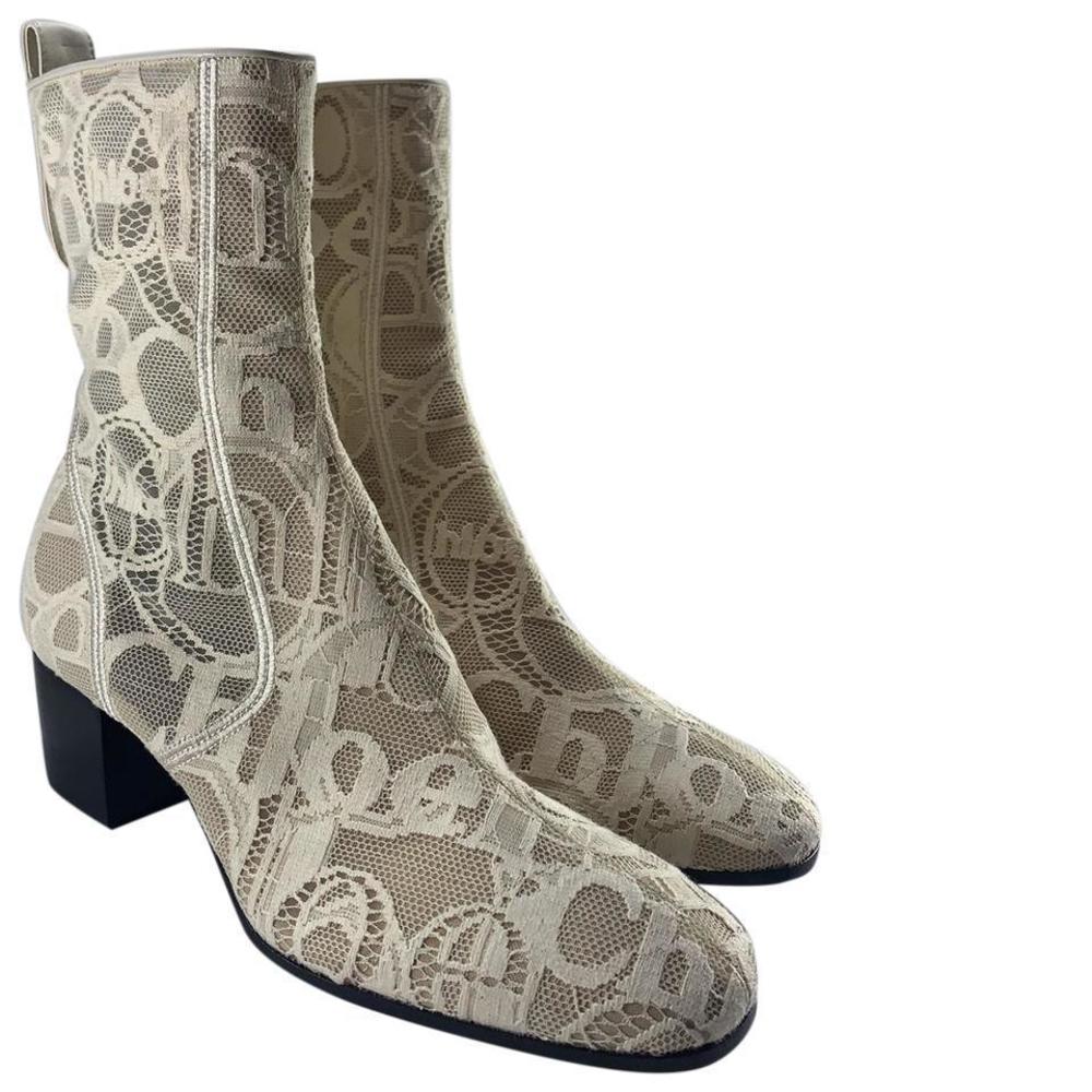 Lace See Through Logo Mild Beige Cream Off White Boots Booties D824